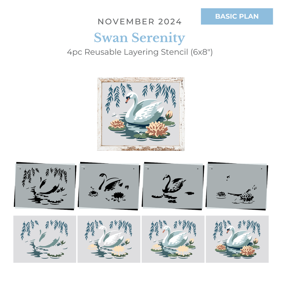 SOTMC - November Basic 2024: Swan Serenity Layering Stencil, 6"x8" (4pc)