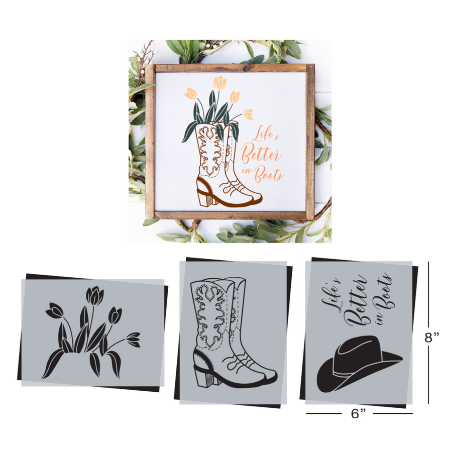 SOTMC - April Basic 2023: Boots & Flowers Stencil Set, 6"x8" (3 pack)