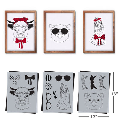 SOTMC - December 2023: Highland Cow, Chicken & Pig Stencil Set, 12"x16" (3 pack)