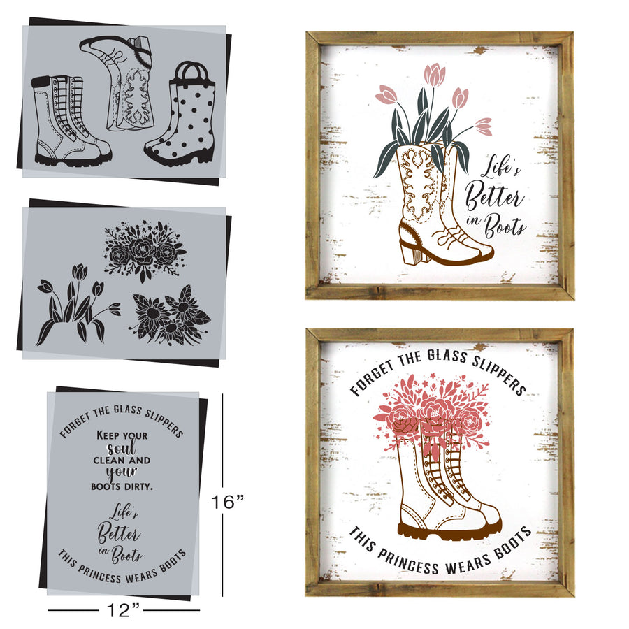 SOTMC - April 2023: Boots & Flowers Stencil Set, 12"x16" (3 pack)